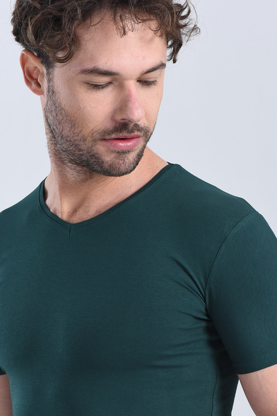 Erkek Nefti Yesil V Yaka Slim Fit T-Shirt