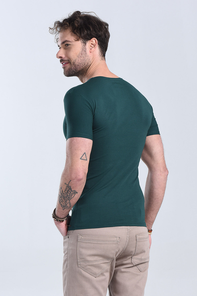 Erkek Nefti Yesil V Yaka Slim Fit T-Shirt