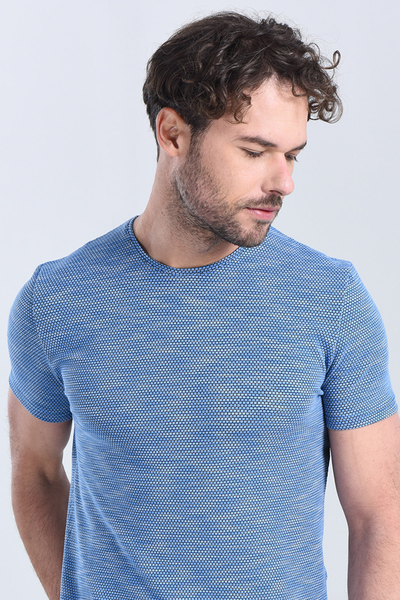 Erkek Saks Mavi Bisiklet Yaka Regular T-Shirt