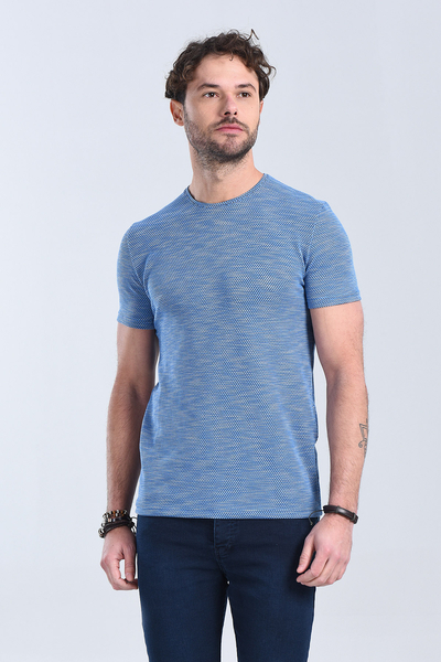 Erkek Saks Mavi Bisiklet Yaka Regular T-Shirt