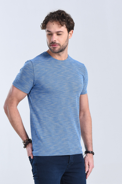 Erkek Saks Mavi Bisiklet Yaka Regular T-Shirt