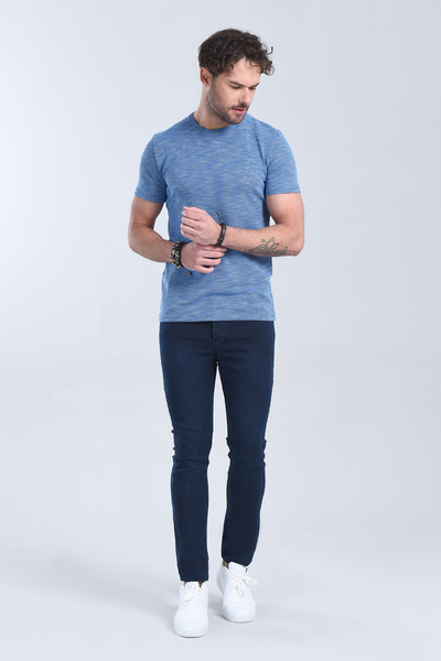 M Store - Erkek Saks Mavi Bisiklet Yaka Regular T-Shirt