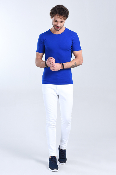 M Store - Erkek Saks Mavi Bisiklet Yaka Slim Fit T-Shirt