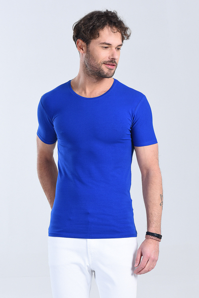 Erkek Saks Mavi Bisiklet Yaka Slim Fit T-Shirt