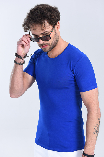 Erkek Saks Mavi Bisiklet Yaka Slim Fit T-Shirt