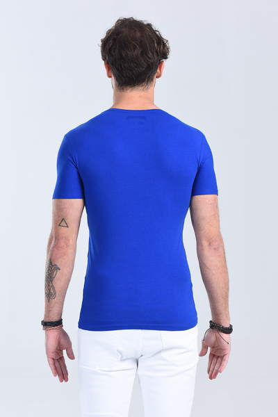 Erkek Saks Mavi Bisiklet Yaka Slim Fit T-Shirt