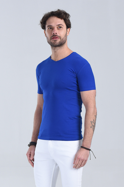 M Store - Erkek Saks Mavi V Yaka Slim Fit T-Shirt
