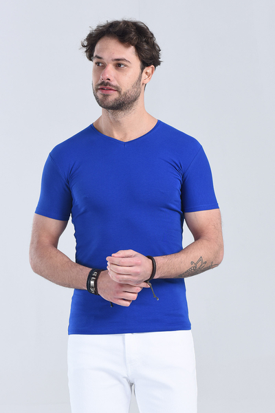Erkek Saks Mavi V Yaka Slim Fit T-Shirt