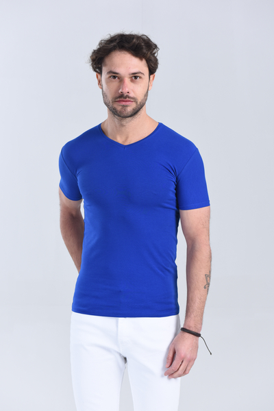 Erkek Saks Mavi V Yaka Slim Fit T-Shirt