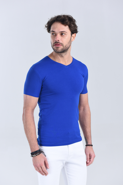 Erkek Saks Mavi V Yaka Slim Fit T-Shirt