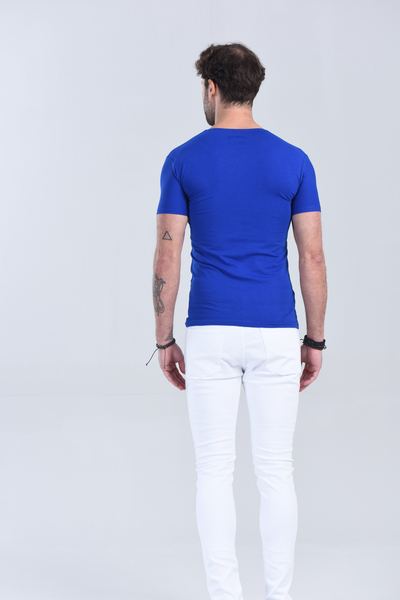 Erkek Saks Mavi V Yaka Slim Fit T-Shirt