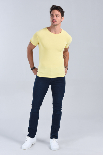 M Store - Erkek Sari Bisiklet Yaka Slim Fit T-Shirt