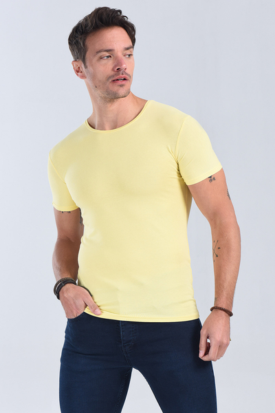 Erkek Sari Bisiklet Yaka Slim Fit T-Shirt