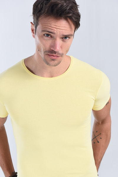 Erkek Sari Bisiklet Yaka Slim Fit T-Shirt