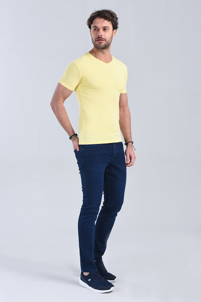 M Store - Erkek Sari V Yaka Slim Fit T-Shirt