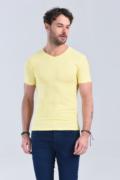 Erkek Sari V Yaka Slim Fit T-Shirt