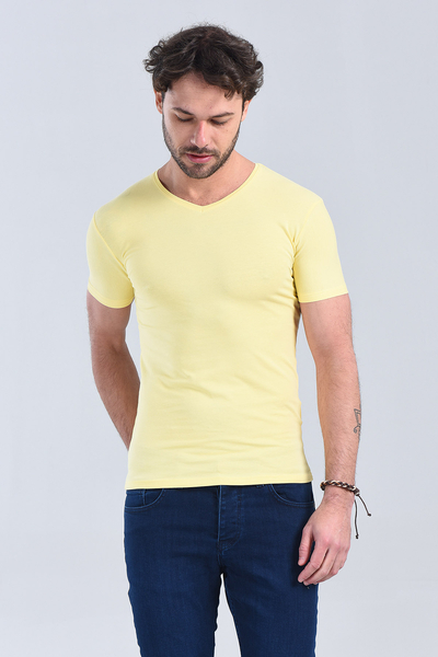 Erkek Sari V Yaka Slim Fit T-Shirt
