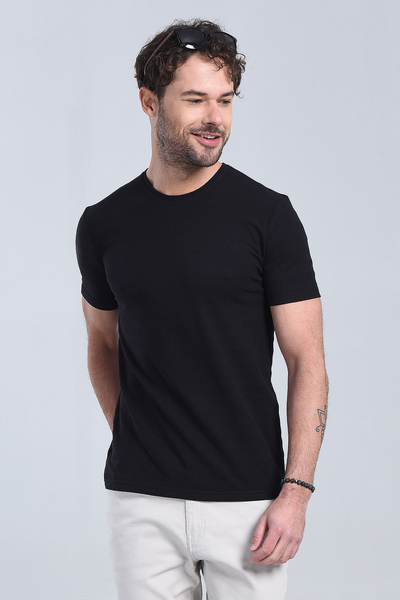 Erkek Siyah Bisiklet Yaka Regular T-Shirt