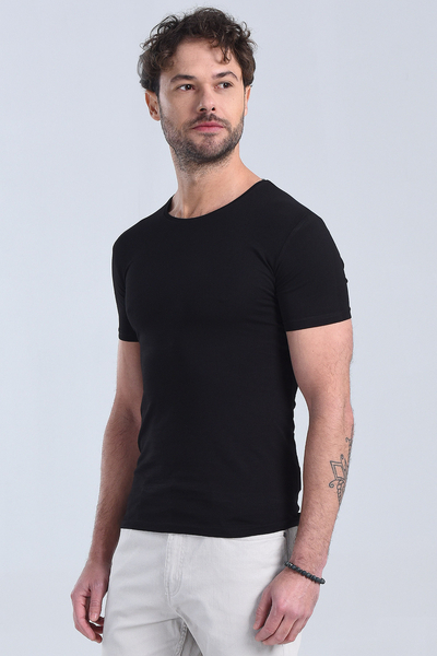 Erkek Siyah Bisiklet Yaka Slim Fit T-Shirt