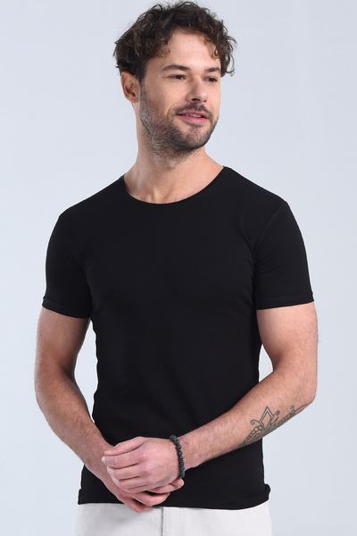 Erkek Siyah Bisiklet Yaka Slim Fit T-Shirt