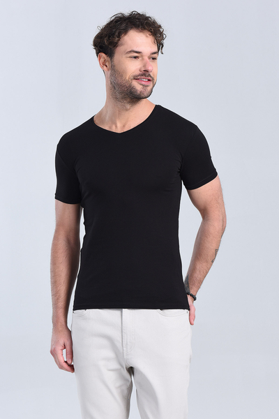 Erkek Siyah V Yaka Slim Fit T-Shirt