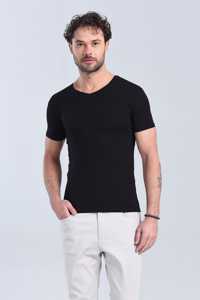 Erkek Siyah V Yaka Slim Fit T-Shirt