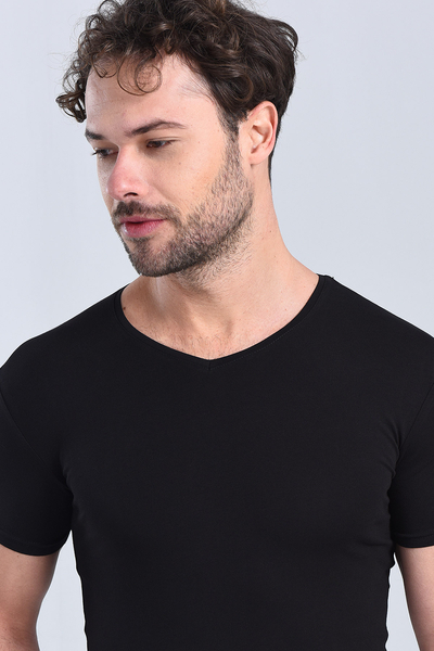 Erkek Siyah V Yaka Slim Fit T-Shirt